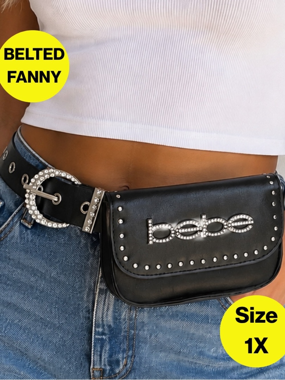 2/for $20 🪩 BEBE x Swarovski Black Studded Belted Fanny Pack (Women’s Size 1X)